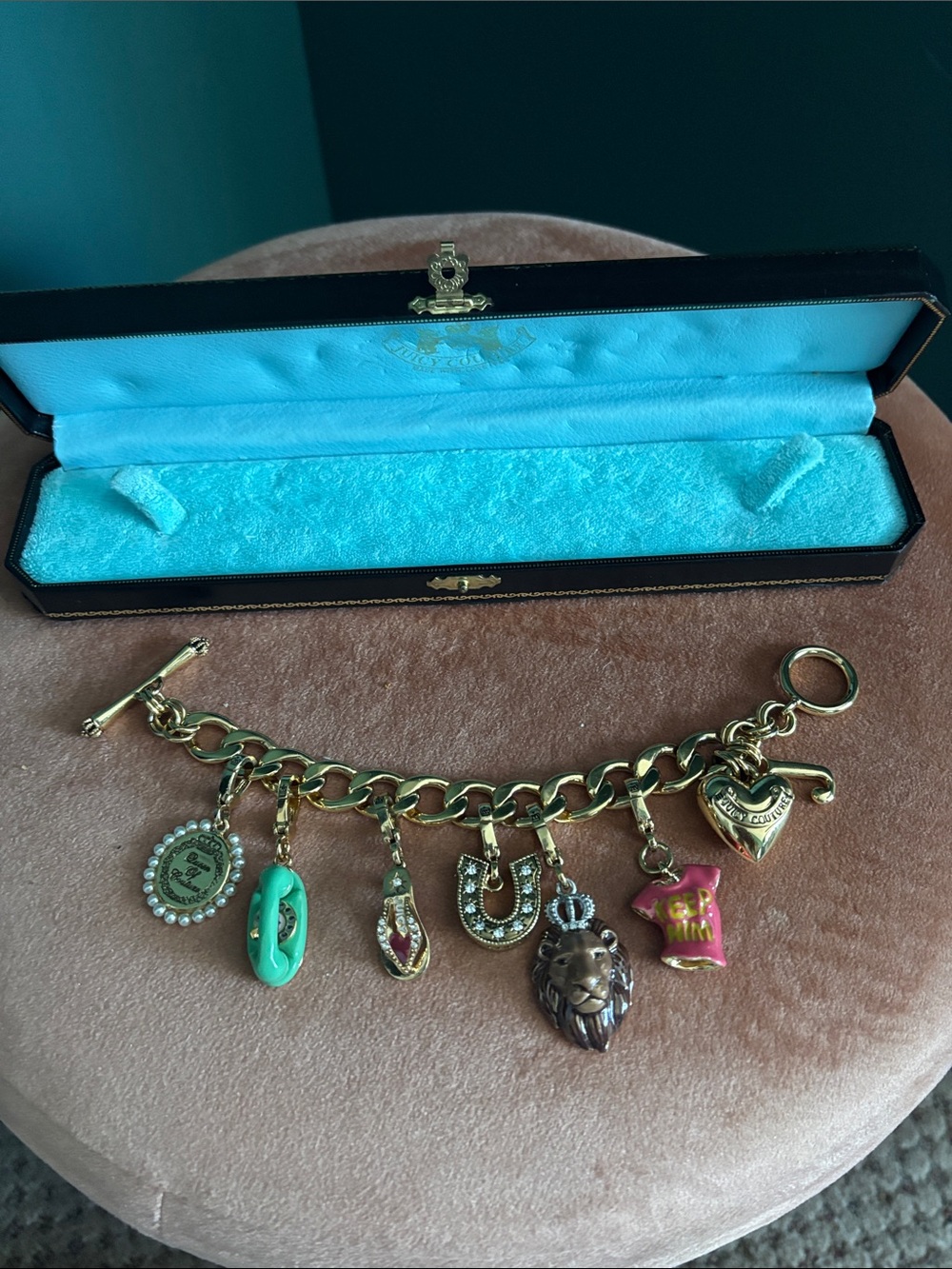 Gorgeous Juicy Couture Gold Charm Bracelet with Mint, Pink and Gold Charms